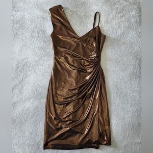 BCBGMaxAzria Metallic Rose Gold One-Shoulder Ruched Dress